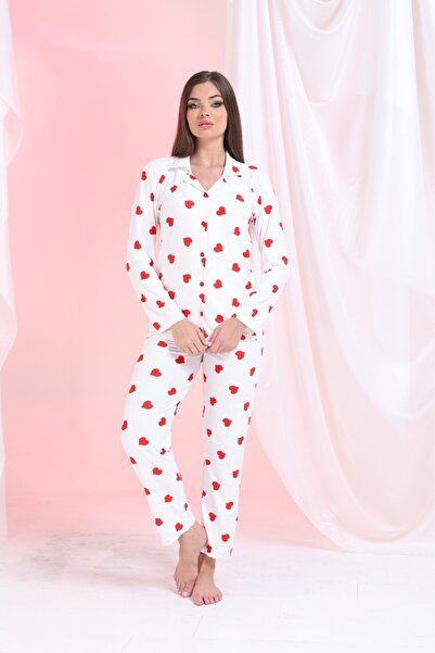 Elit Λευκό κόκκινο K alp Σετ γυναικεία πιτζάμα χειμερινής σουέτ με κουμπιά μπροστά