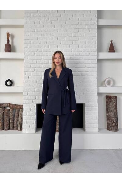 ZF BUTİK Women's Double Belted Blazer Jacket Pants Set