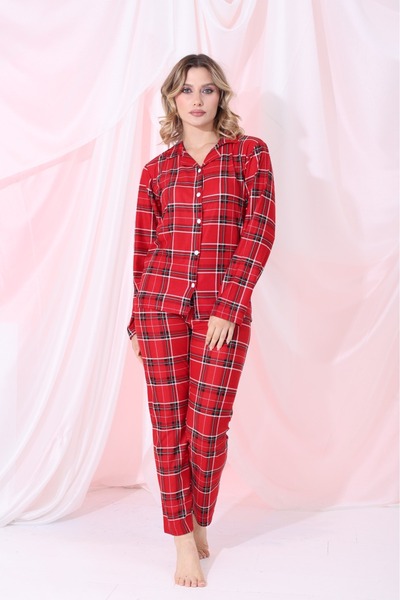 Elit Light Red Plaid Front Button Winter Suede Velvet Women's Pajama Set