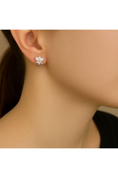 BY YASİN TOPÇU Steel Flower Motif Rhinestone Earrings