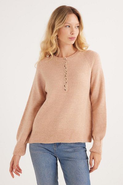 Tudors Women's Oversize Wide Cut Button Collar Powder Sweater