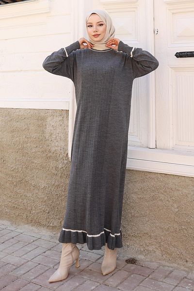 Modamihram Cuff Stone Detailed Knitwear Dress Gray 6150