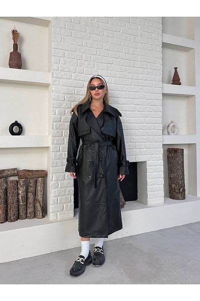 ZF BUTİK Long Leather Waist Tie Jacket