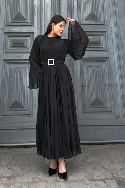 lodmela Pleated Detailed Belted Comfortable Formal Evening Dress 2183-Black