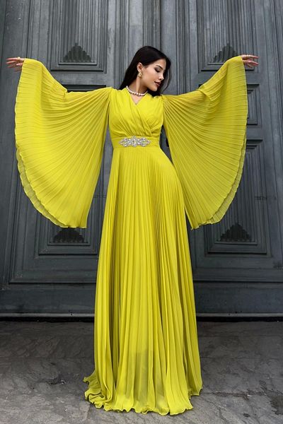 lodmela Double Breasted Collar Bat Sleeve Pleated Evening Dress 2235-Olive