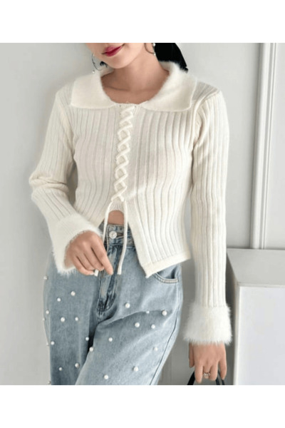 SAYZEN Collar Sleeve Detailed Knitted Sweater