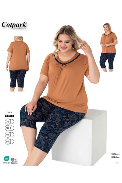Cotpark Women's Plus Size Viscose Elastane Fabric Short Sleeve Capri Suit 14684