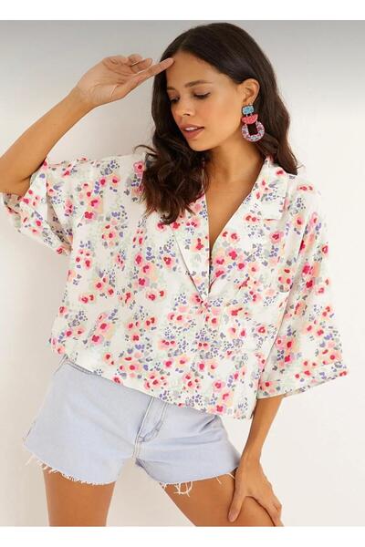 BUKETLİ Çiçek Desenli Kısa Oversize Gömlek