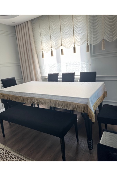 AYDINDOKUMA Ayla Glitter Ecru Design Table Cloth Dowry Service Gold Fringed Thin Tulle Cover