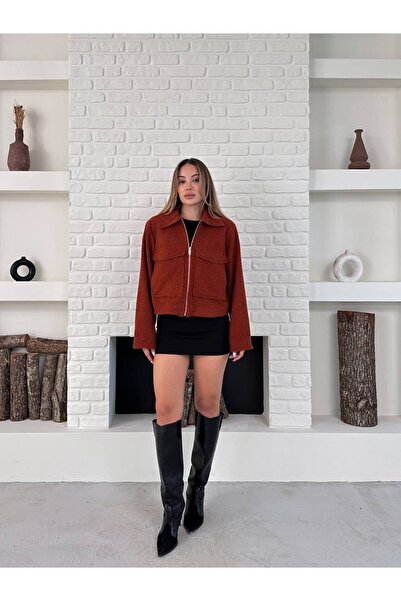 ZF BUTİK Γυναικείο κοντό βελούδινο μπουφάν με λεπτομέρεια με φερμουάρ