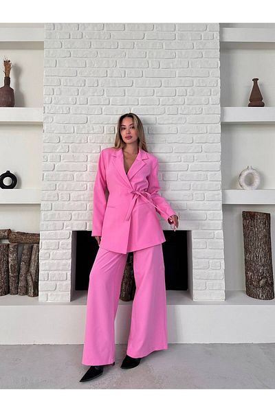 ZF BUTİK Women's Double Belted Blazer Jacket Pants Set