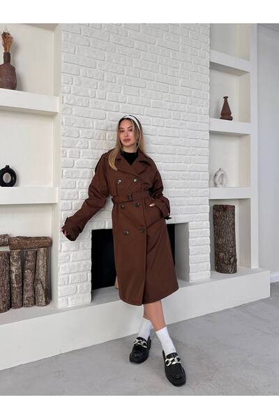 ZF BUTİK Women's Waist Belt Detail Long Trench Coat