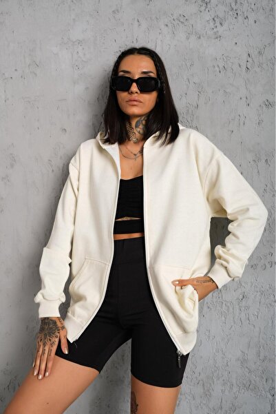 DUAS & CO Unisex Oversize Rahat Kesim Pamuklu İki İp İçi Polarlı Çift Cepli Fermuarlı Kapüşonlu Sweatshirt