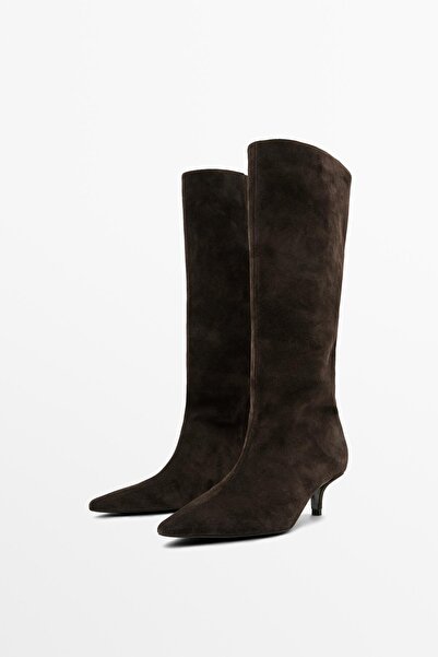 Massimo Dutti Topuklu kalın süet deri bot