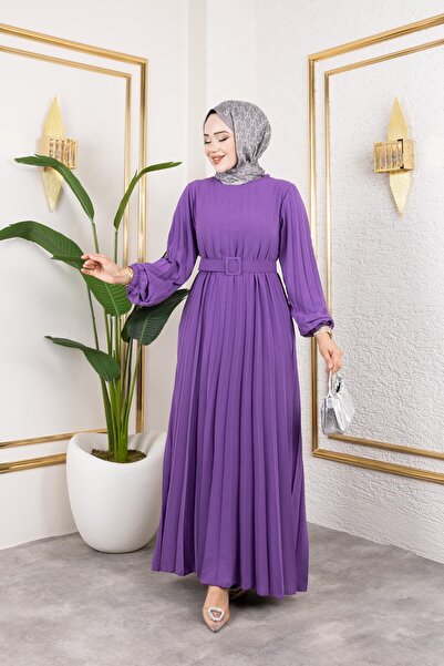 Moda Ebva Kemerli Pliseli Tesettür Elbise-3042 Lila