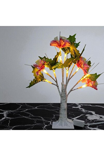 Kuzey Tacı Yeşil Yapraklı Pembe Çiçekli LED Masa Ağacı - Fiber Optik Işıklı D...