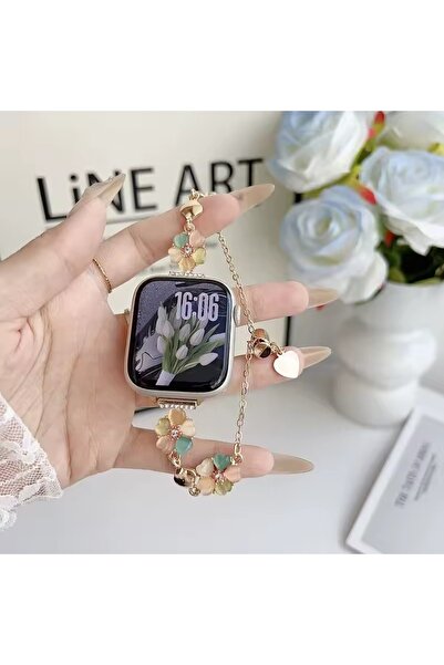 Alstrap Apple Watch 11-10 46mm 7 8 9 45mm 6 5 4 Se 44mm İle Uyumlu Çiçekli Taşlı Zarif Bileklik Kordon