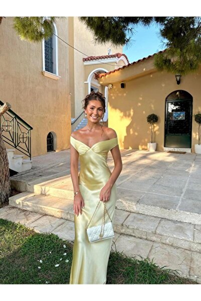theanemos Butter Yellow Saten Uzun Elbise