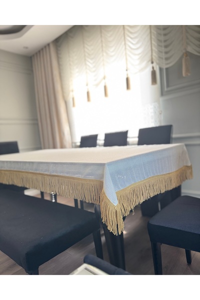 AYDINDOKUMA Ayla Glitter Ecru Design Table Cloth Dowry Service Gold Fringed Thin Tulle Cover