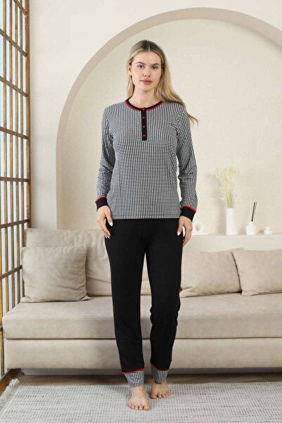 ALİMER Set pijamale pentru femei cu model Goose Feet - negru 3 nasturi cu mân...