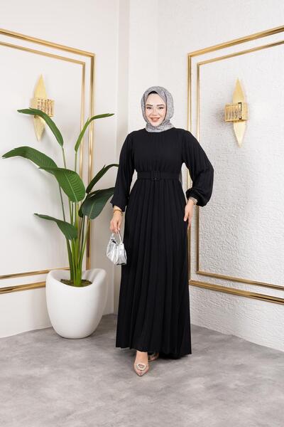 Moda Ebva Kemerli Pliseli Tesettür Elbise-3042 Siyah