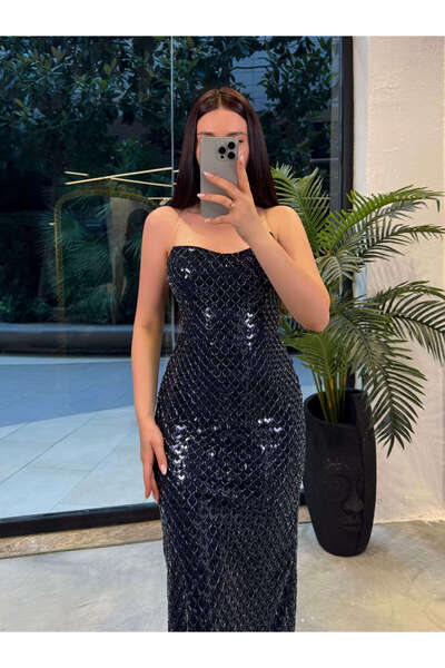 missswans Silviya Strapless Sequin Sequin Embroidered Dress Midi Evening Dress Navy Blue