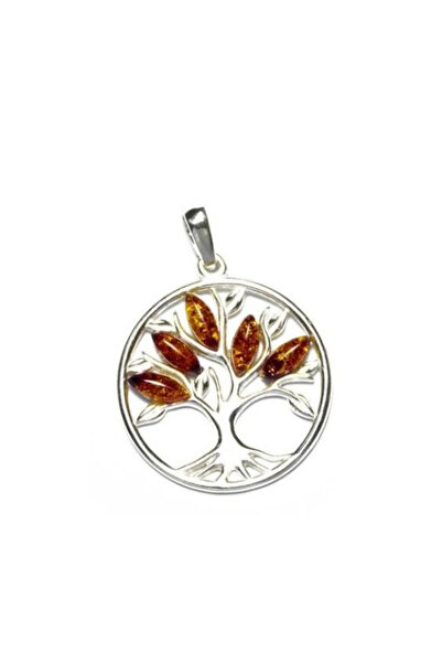 OEN Ασημένιο μενταγιόν με καφέ κεχριμπάρι, μοτίβο δέντρου της ζωής, μήκος 3,2...