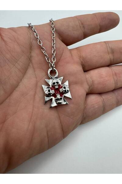 Herşey Nota Red Skull Necklace with Cross Figure – Gothic Unisex Antique Design, 60 cm Chain