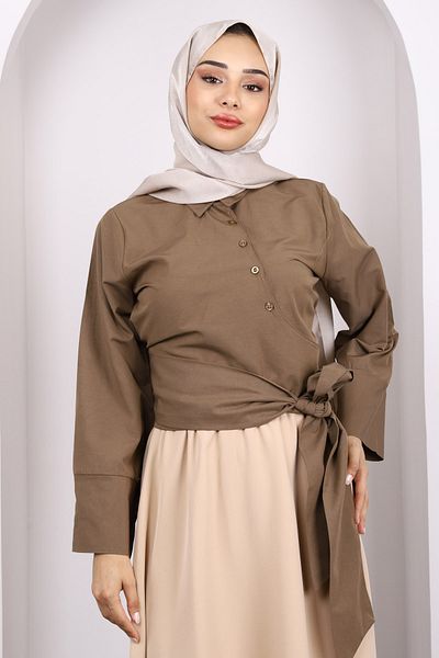 İmajButik Brown Waist Tie Crop Shirt