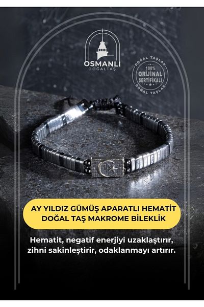 OSMANLI DOĞAL TAŞ Certified Moon Star Silver Apparatus Hematite Natural Stone Macrame Bracelet