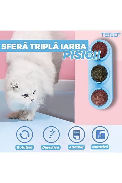 Teno Teno® Cat Toy, triple roll of matted grass, adhesive, 360 degree rotation, blue