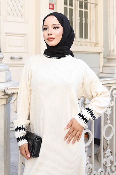 Modamihram Patterned Knitwear Dress White 6149