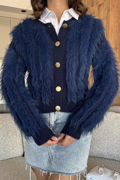 GÜLSELİ Navy Blue Bearded Women's Knitwear Cardigan