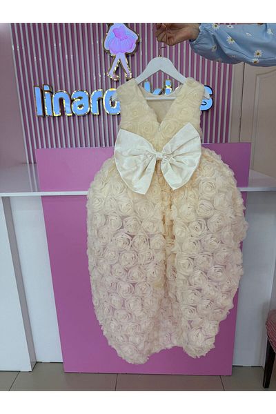 Linarookids Vintage Baby Girl Dress with Cream Strap Tail, Birthday Dress, Photo Shoot Dress, Suitable for 0-13 Years Old