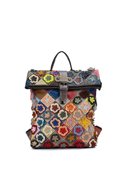 OEM Rucsac dama piele naturala multicolor flori
