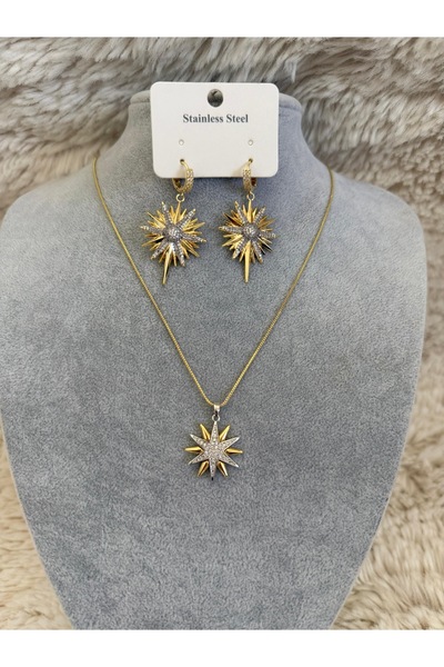 ANGELSS JEWELLERY Kutup Yıldızı Zirkon Taşlı Gold Kolye Küpe Seti (Kuzey Yıld...