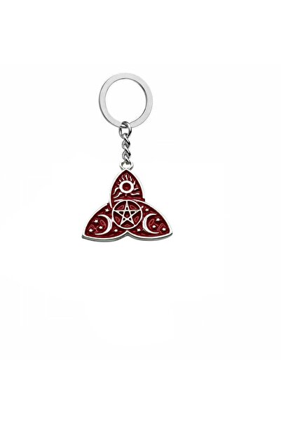 Herşey Nota Red Metal Keychain with Triquetra and Sun-Moon-Star-Pentagram Figures – Unisex Gothic Accessory