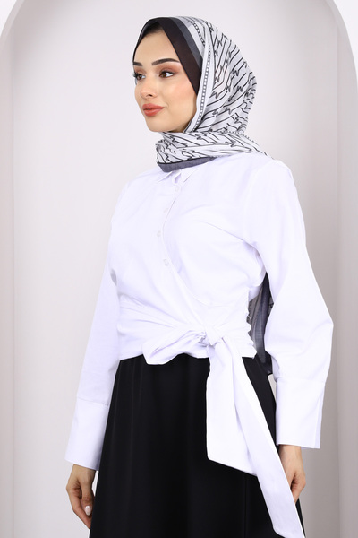 İmajButik Ecru Waist Tie Crop Shirt