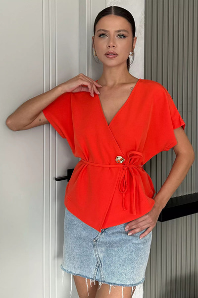 GÜLSELİ Orange Double Breasted Collar Waist Lace up Sleeveless Short Jacket