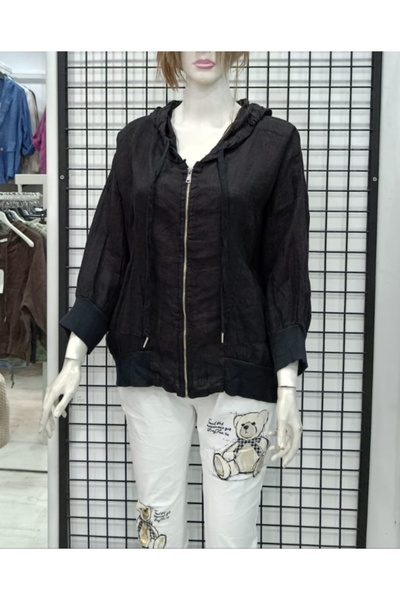 Butik Şans Italian Linen Jacket with Zipper Closure and Hood
