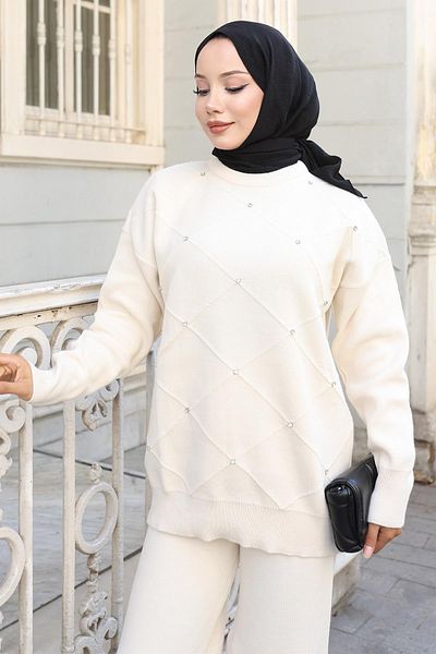 Modamihram Stone Detailed Knitwear Set White 6148