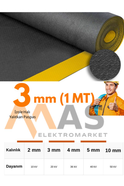 MASELEKTROMARKET İzole Halı Yalıtkan Paspas Sarı İKaz Şeritli 3mm 1×1 (1MT) İZOLE PASPAS ELEKTRİK PANO HALISI 10kW
