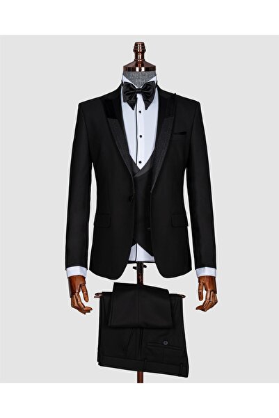 echol Erkek Siyah Kırlangıç Yaka Damatlık Smokin Takım Elbise