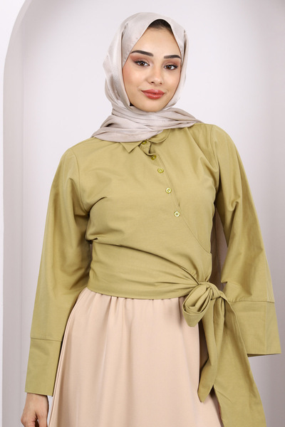 İmajButik Oil Green Waist Tie Crop Shirt