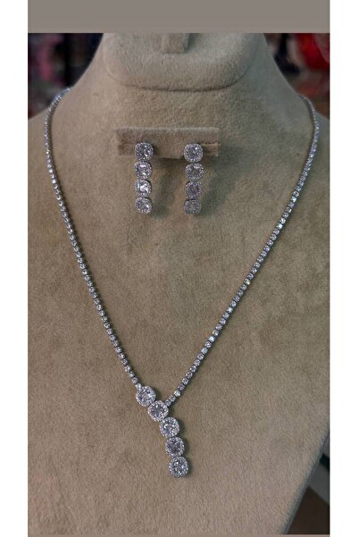 Esmeray Aksesuar Vip Seri Gümüş Renk Zirkon Taşlı Rodyum Kaplama Su Yolu Kolye Küpe Set Takım Uzn.40cm 45cm Taş 2,5mm