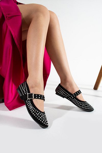 Peta Black Suede Round Toe Orthopedic Stoned Helmet Flat Bottomed Ballerinas