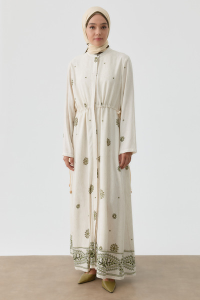 Tuğba Belden Büzgü Bağlamalı Çiçek Desenli Elbise - Yeşil