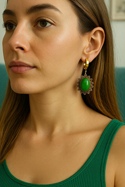 mira bujiteri 🌿 Yeşil Taşlı Altın Kaplama Çiçek Kadın Çelik Küpe 🌿
