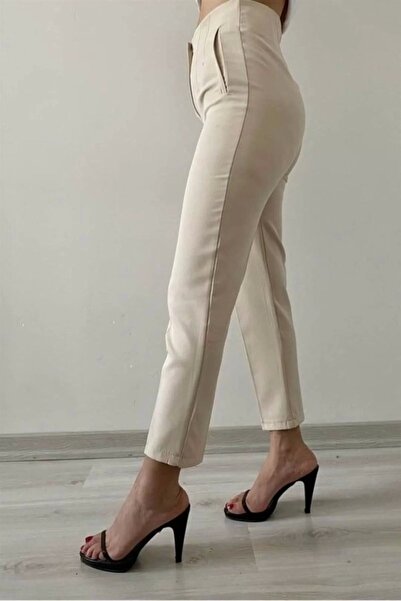 bysoca Kadın Taş Rengi Yüksek Bel Önü Pensli Havuç Kesim Kumaş Pantolon