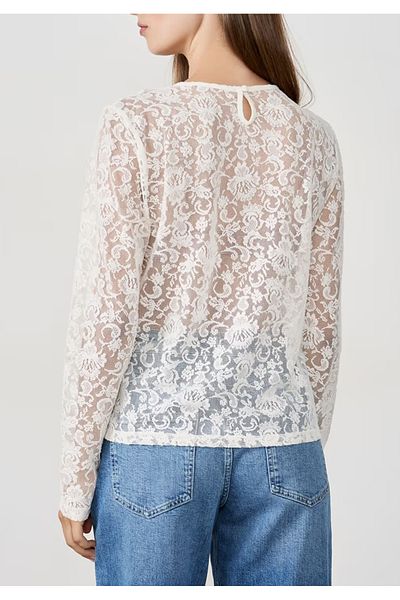 artywear Women's Lace Patterned Long Sleeve Soft Blouse Ecru